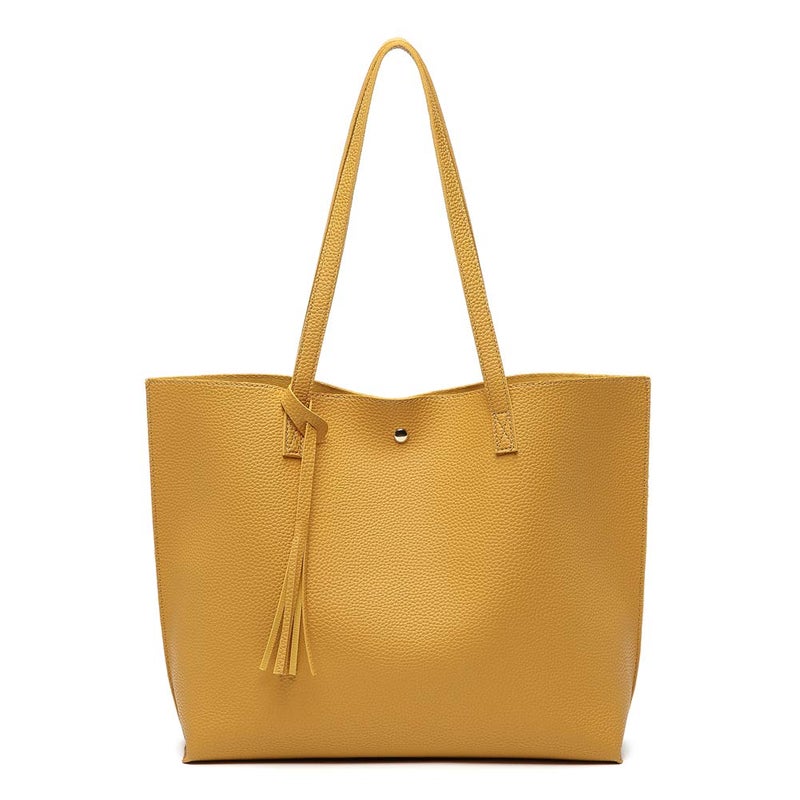 Dreubea Women's Soft Faux Leather Tote Shoulder Bag from, Big Capacity Tassel Handbag Dark Yellow - Image 1